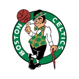 The circular Boston Celtics logo. It shows a Leprechaun mascot, named Lucky, wearing a green shamrock vest, smoking a pipe, and leaning on a shillelagh. The logo includes a basketball spinning on his finger and the words "BOSTON CELTICS" around the circle.