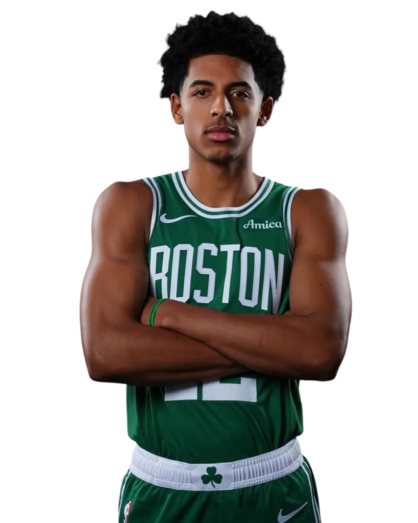 A medium shot of RJ Luis Jr. in his green Boston Celtics uniform featuring "BOSTON" and number 12. The player is standing with a serious expression and his arms crossed over his chest.